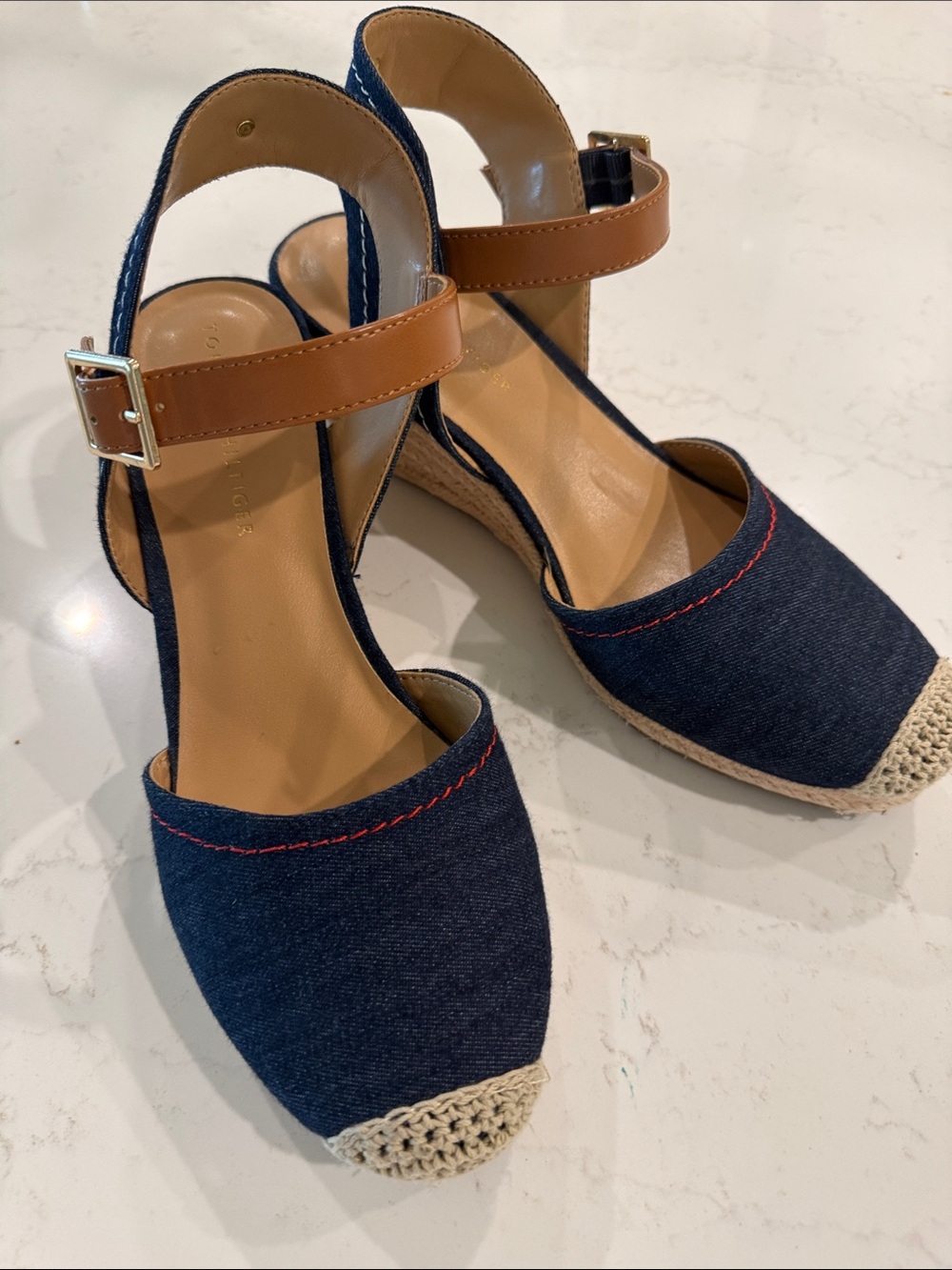 Tommy Hilfiger Navy Denim Espadrille Wedge Sandals with Tan Straps - Picture 3 of 5
